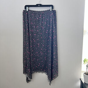 Midi Skirt 2XL Gray Floral Chiffon Asymmetrical Hem Boho Fairycore Coquette Y2K